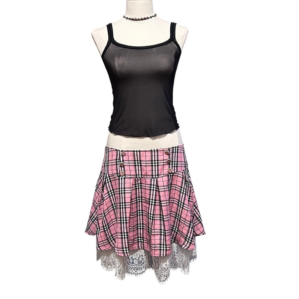 Hot Topic Pink Plaid Strawberry Button Lace Trim Pleated Mini Skirt Sz XL, NWT
